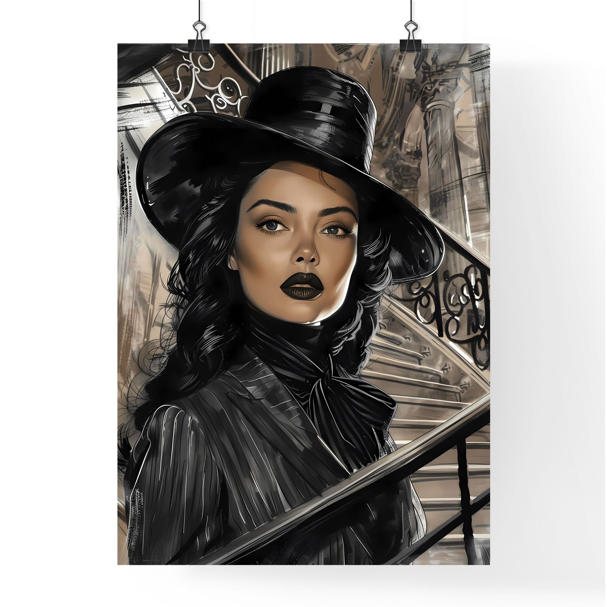 Monochromatic and vivacious noir comic art piece featuring a monumental woman in a hat and coat, exhibiting a focus on artistic details and vibrant color Default Title