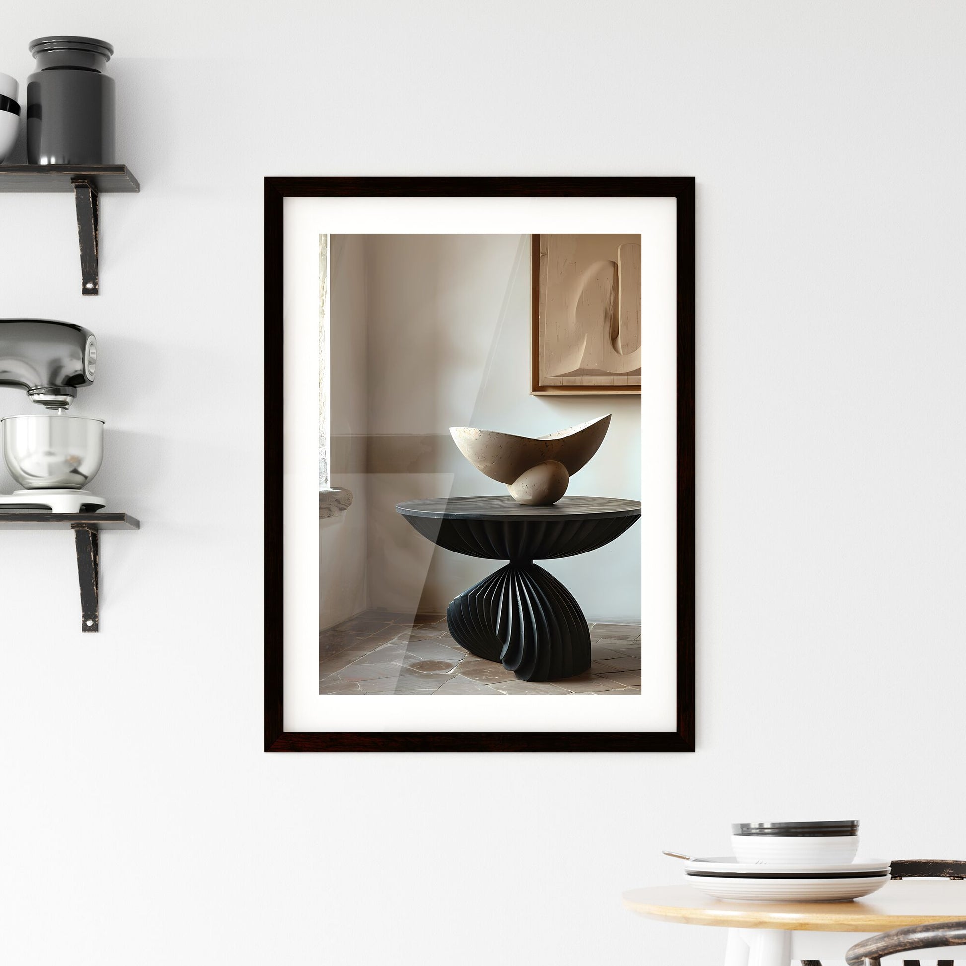 Minimalist Product Photography: Black Metal Nightstand with Fluted Legs and Abstract Marble Sculpture Default Title