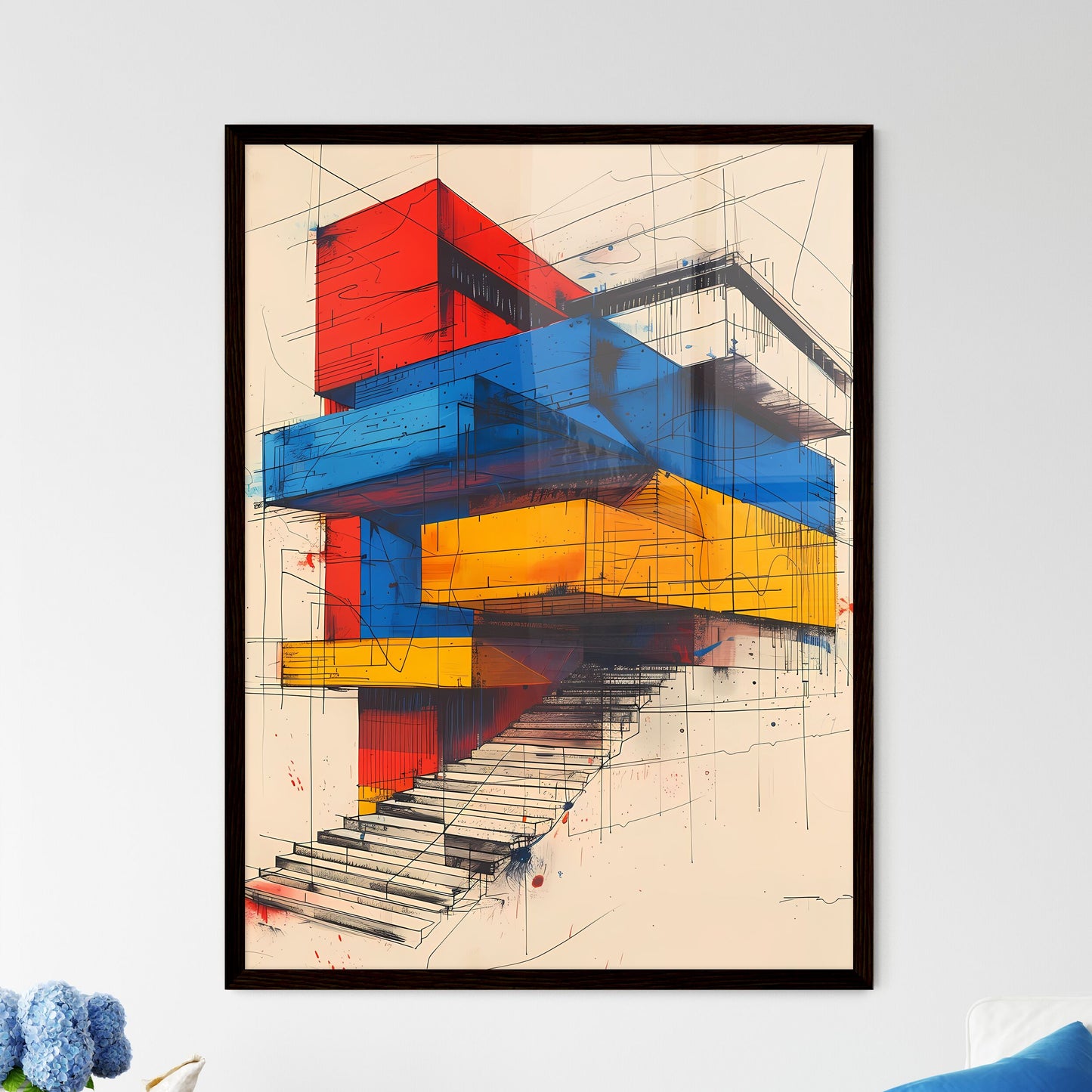 Modernist Architecture: Bold Geometric Shapes, Primary Colors, Minimalist Simplicity, Black and White Contrasts, Drawing Framed Art
