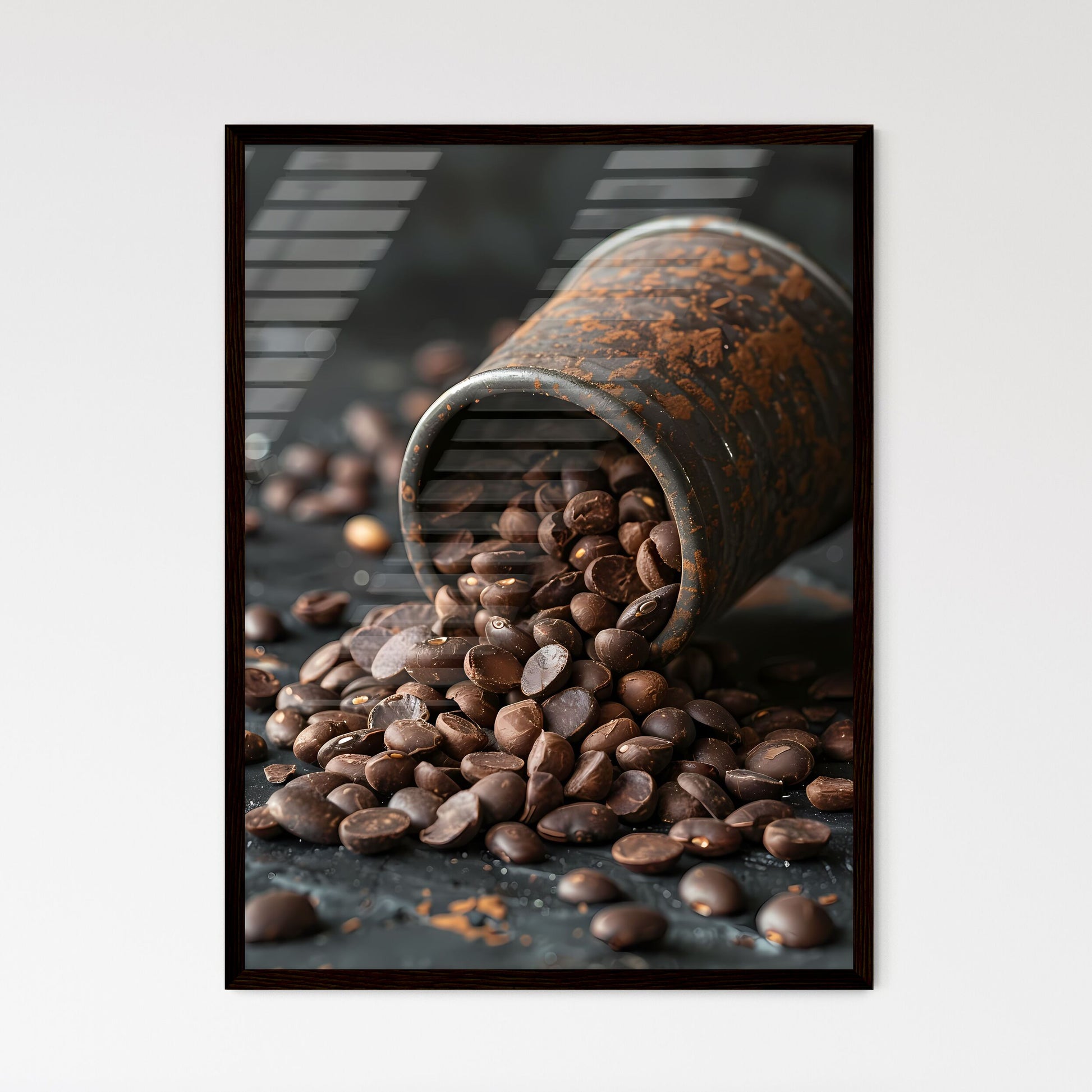 Vibrant Cup Painting: Spilled Brown Beans Burst from Tipping Can Default Title