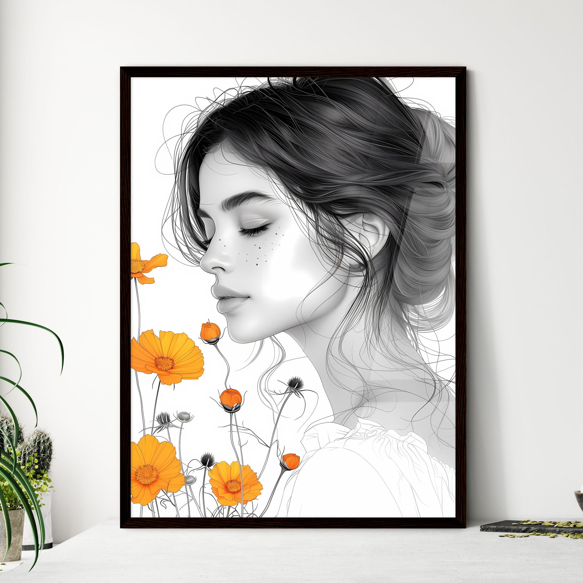 Minimalist Floral Line Art Woman Poster Print with Closed Eyes and Vibrant Flowers on White Background Default Title