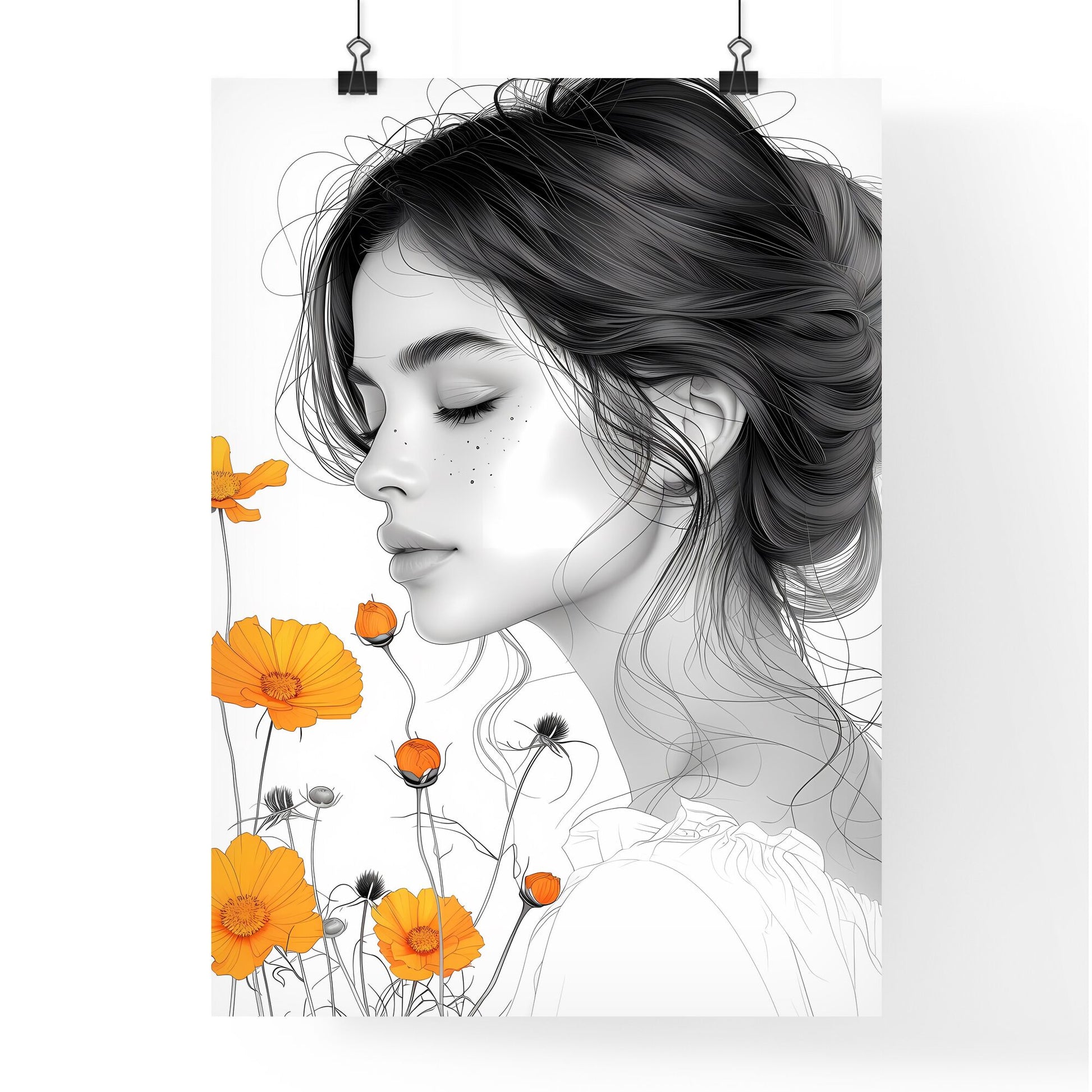 Minimalist Floral Line Art Woman Poster Print with Closed Eyes and Vibrant Flowers on White Background Default Title