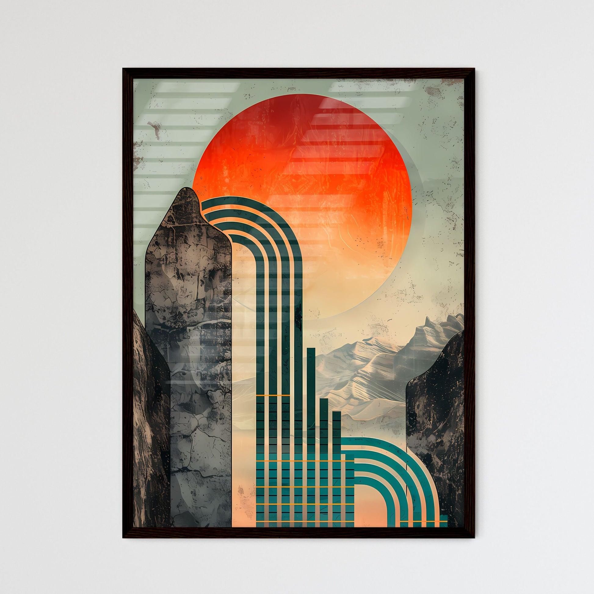 Vibrant Vintage Poster-Style Painting: Flowing Lines, Metallic Rectangles, Warmcore, Stimwave, Mesopotamian Art Inspired Mountains and Sun Default Title