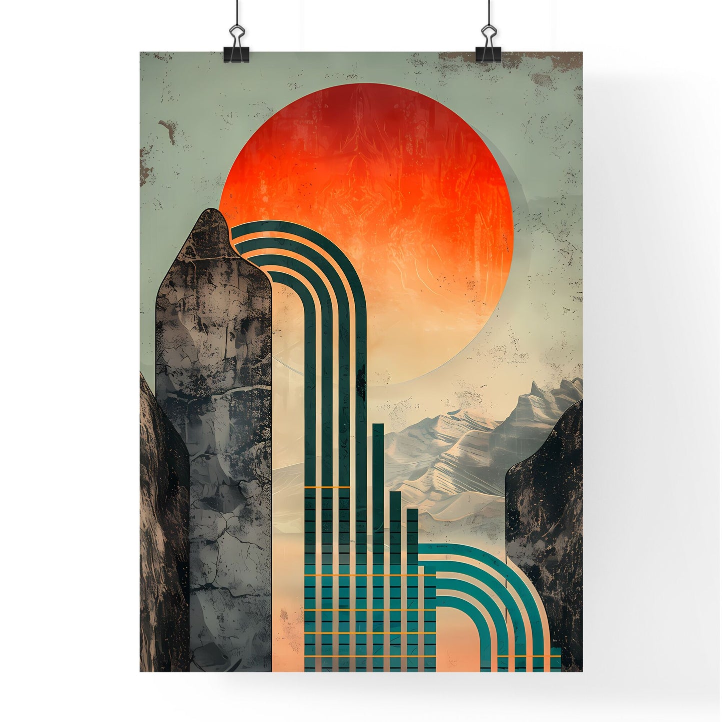 Vibrant Vintage Poster-Style Painting: Flowing Lines, Metallic Rectangles, Warmcore, Stimwave, Mesopotamian Art Inspired Mountains and Sun Default Title
