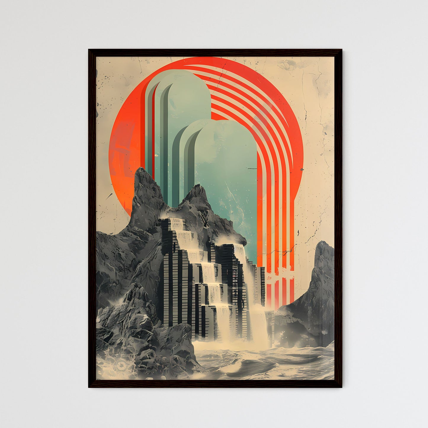 Vintage Art Deco Waterfall Painting: Fluid Metallic Rectangles Mesopotamia Warmcore Stimwave Framed Art