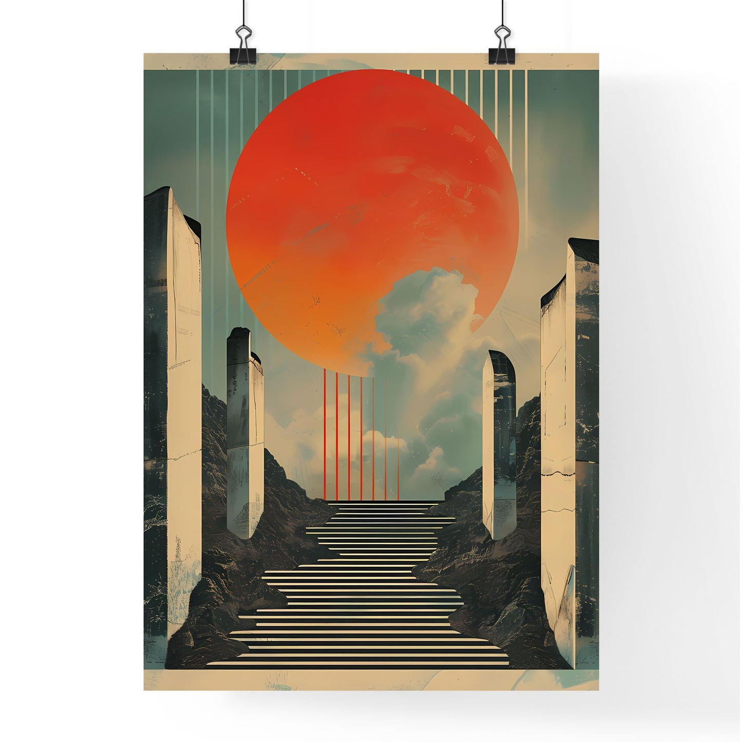 Vibrant Mesopotamian-Inspired Graphic: Stairway to the Sun in Vintage Poster Style with Metallic Rectangles and Warm Colors, Fluid Lines, and Art Focus Default Title