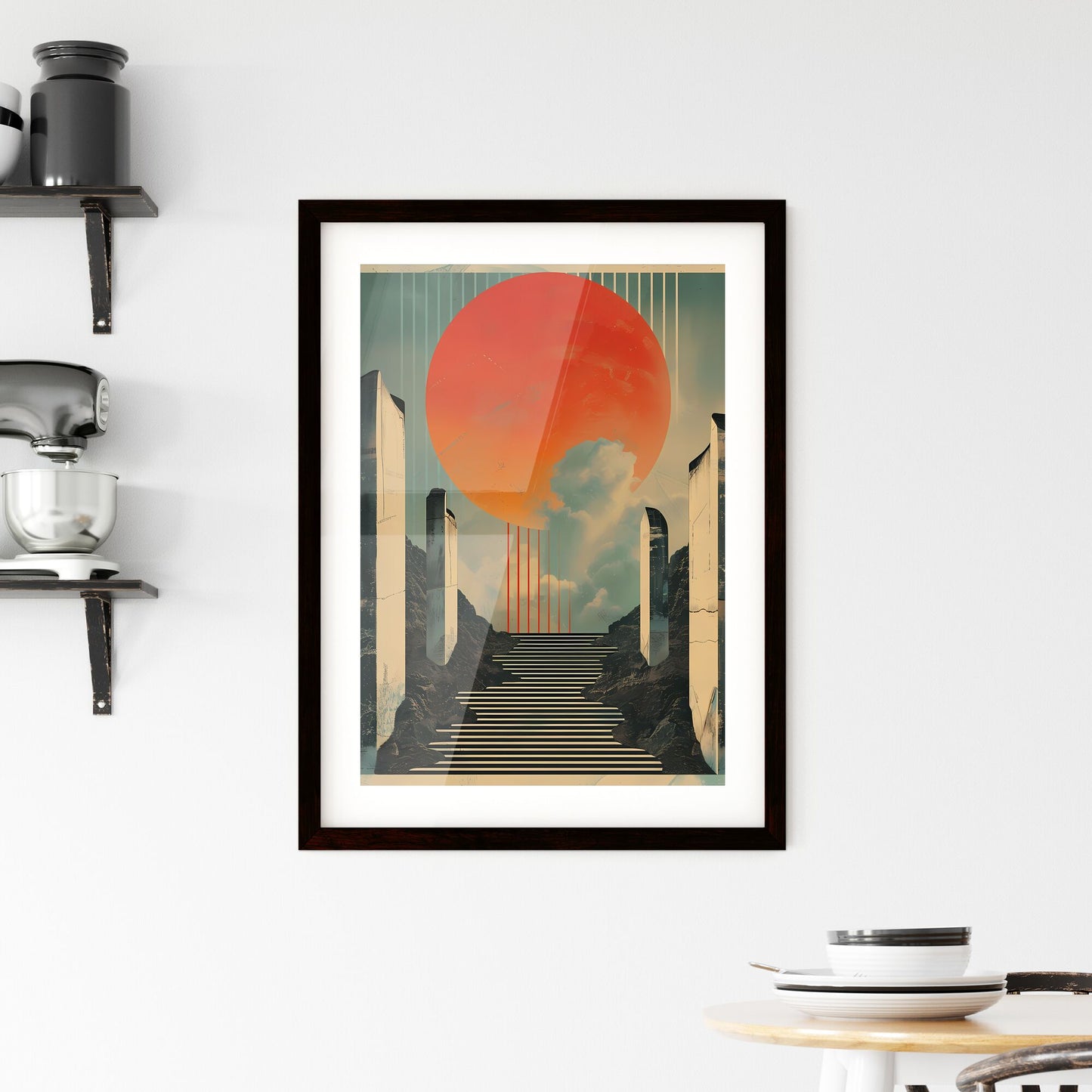 Vibrant Mesopotamian-Inspired Graphic: Stairway to the Sun in Vintage Poster Style with Metallic Rectangles and Warm Colors, Fluid Lines, and Art Focus Default Title