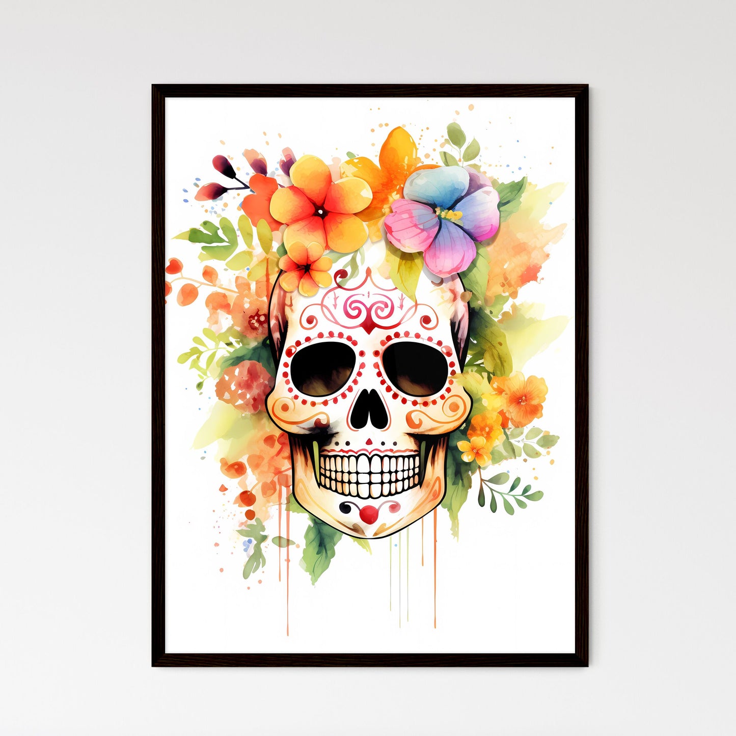 Colorful Watercolor Sugar Skull Art - Framed Art Print