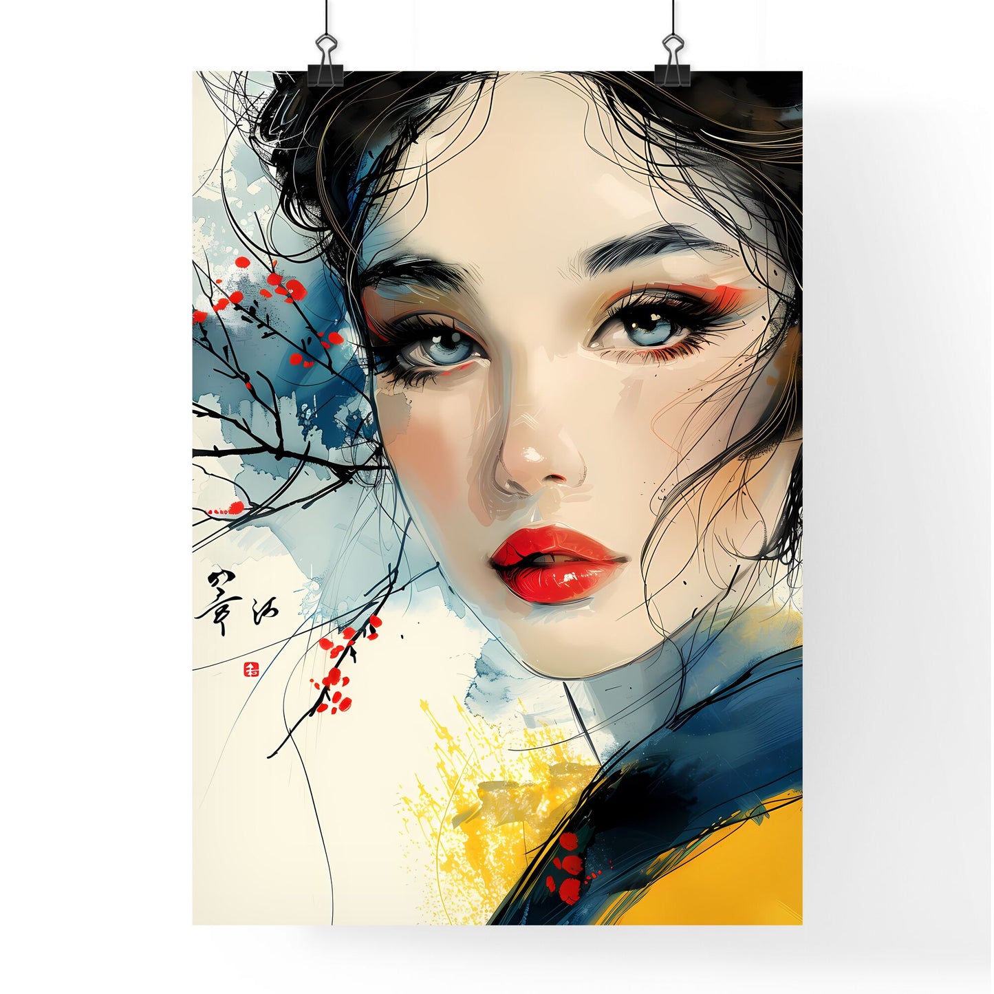 Seductive Feminine Orient-Style Painting With Blue Eyes, Red Lips, Delicate Lines and Vibrant Colors High Resolution Default Title
