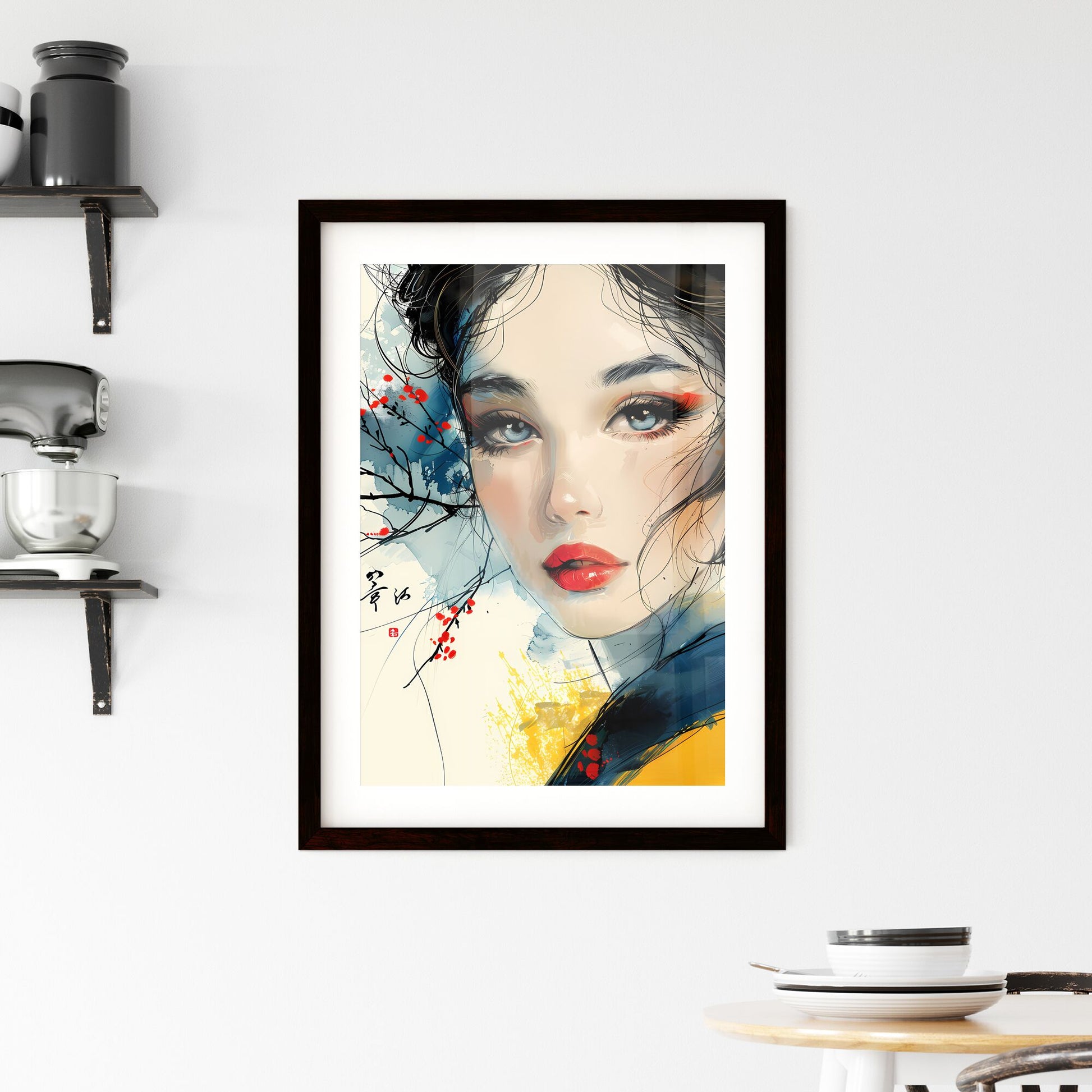 Seductive Feminine Orient-Style Painting With Blue Eyes, Red Lips, Delicate Lines and Vibrant Colors High Resolution Default Title