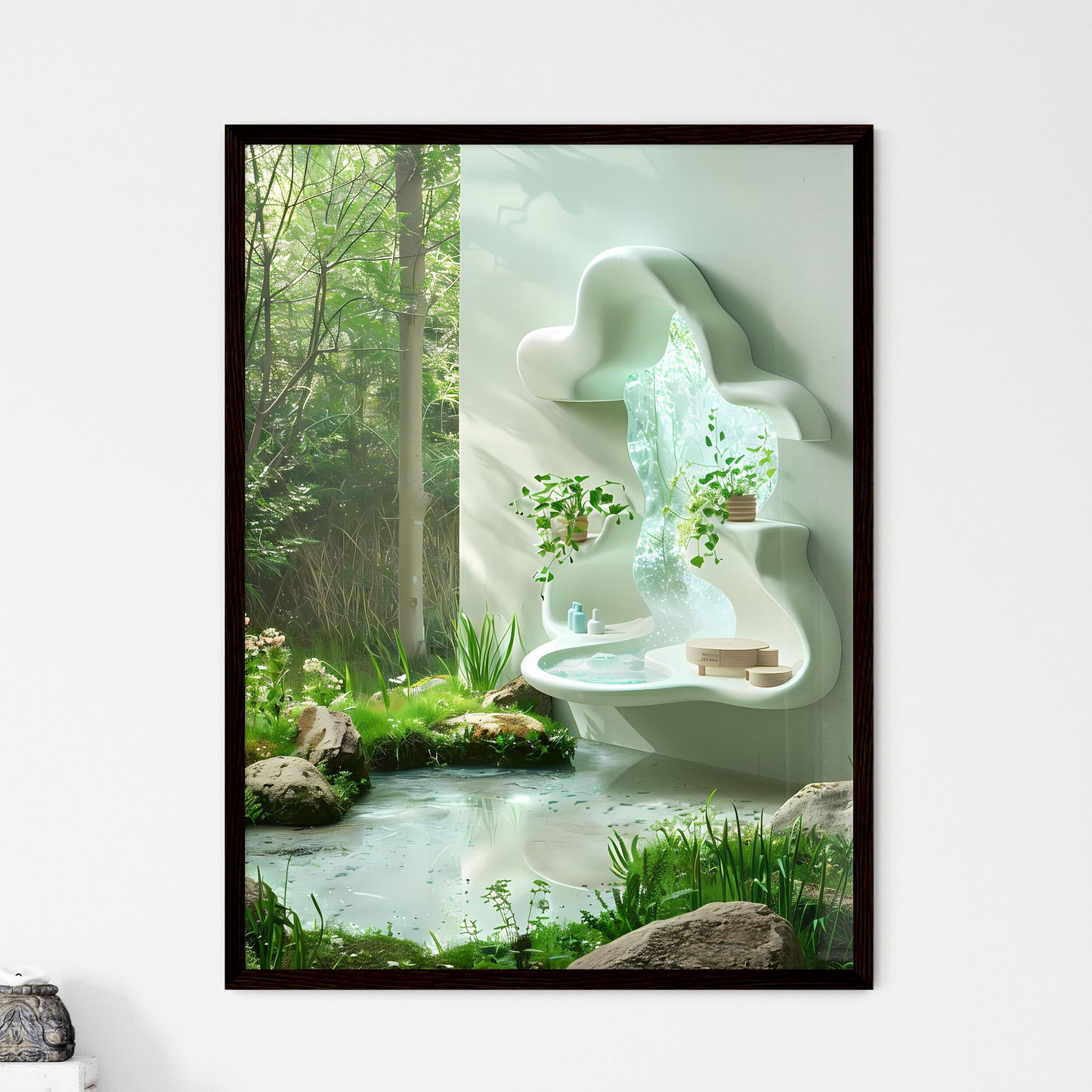 Abstract White Cloud-Shaped Shelf Floating in Air Above Lush Nature with Green Wall and Waterfall Pond Painting Default Title