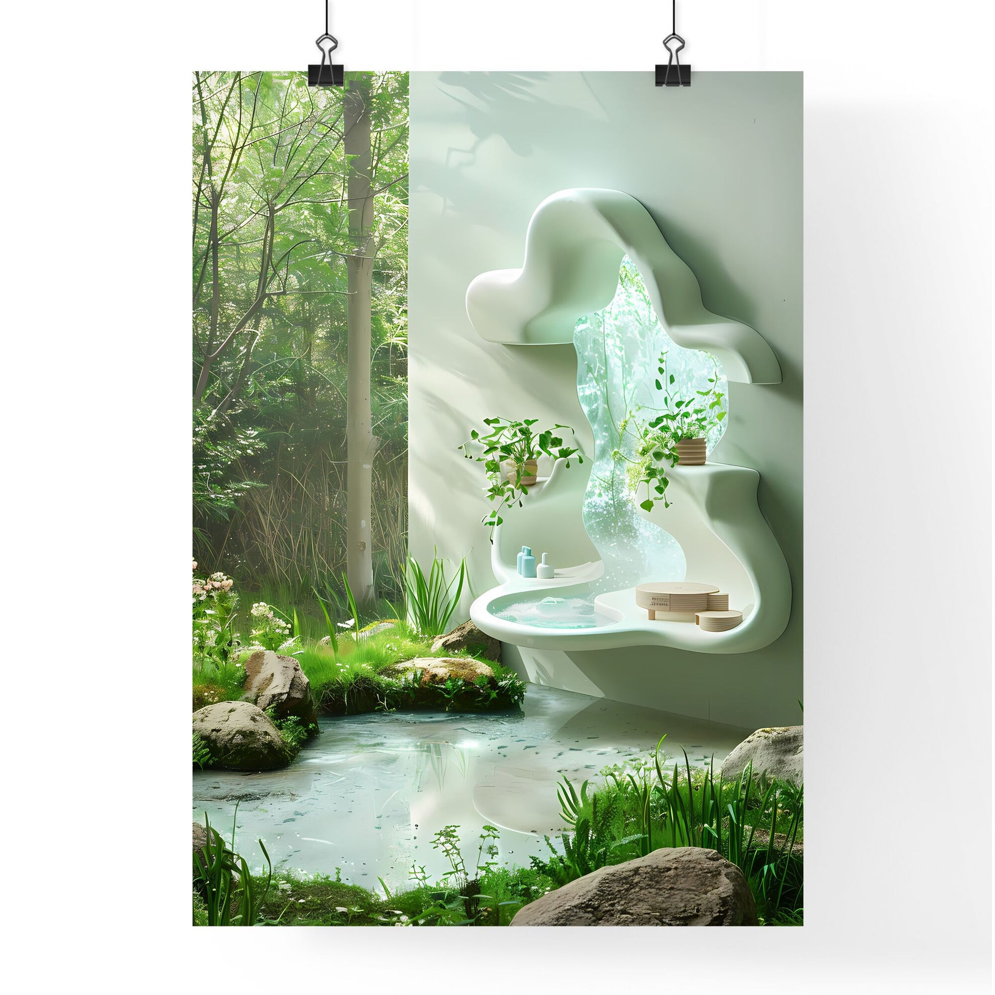 Abstract White Cloud-Shaped Shelf Floating in Air Above Lush Nature with Green Wall and Waterfall Pond Painting Default Title