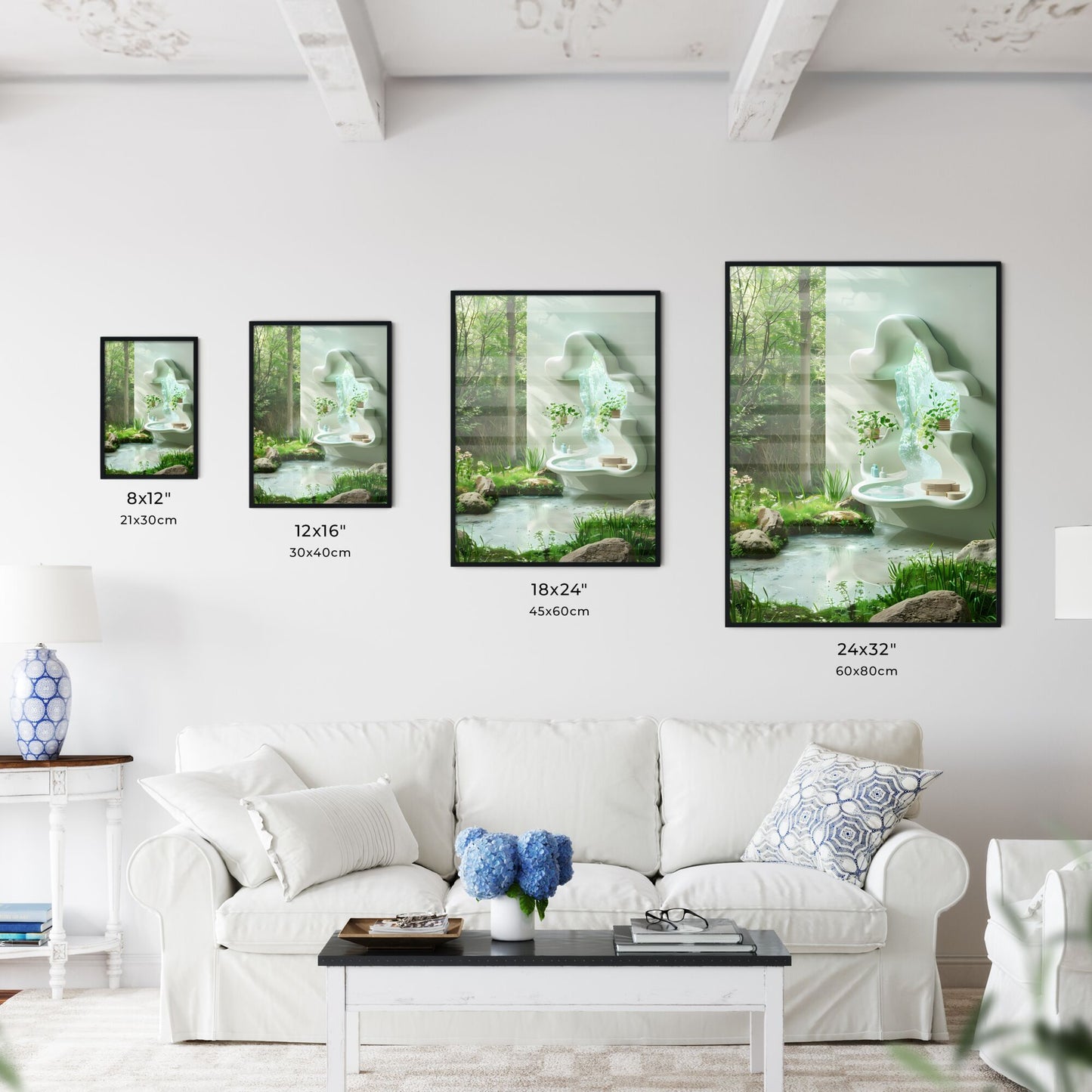 Abstract White Cloud-Shaped Shelf Floating in Air Above Lush Nature with Green Wall and Waterfall Pond Painting Default Title