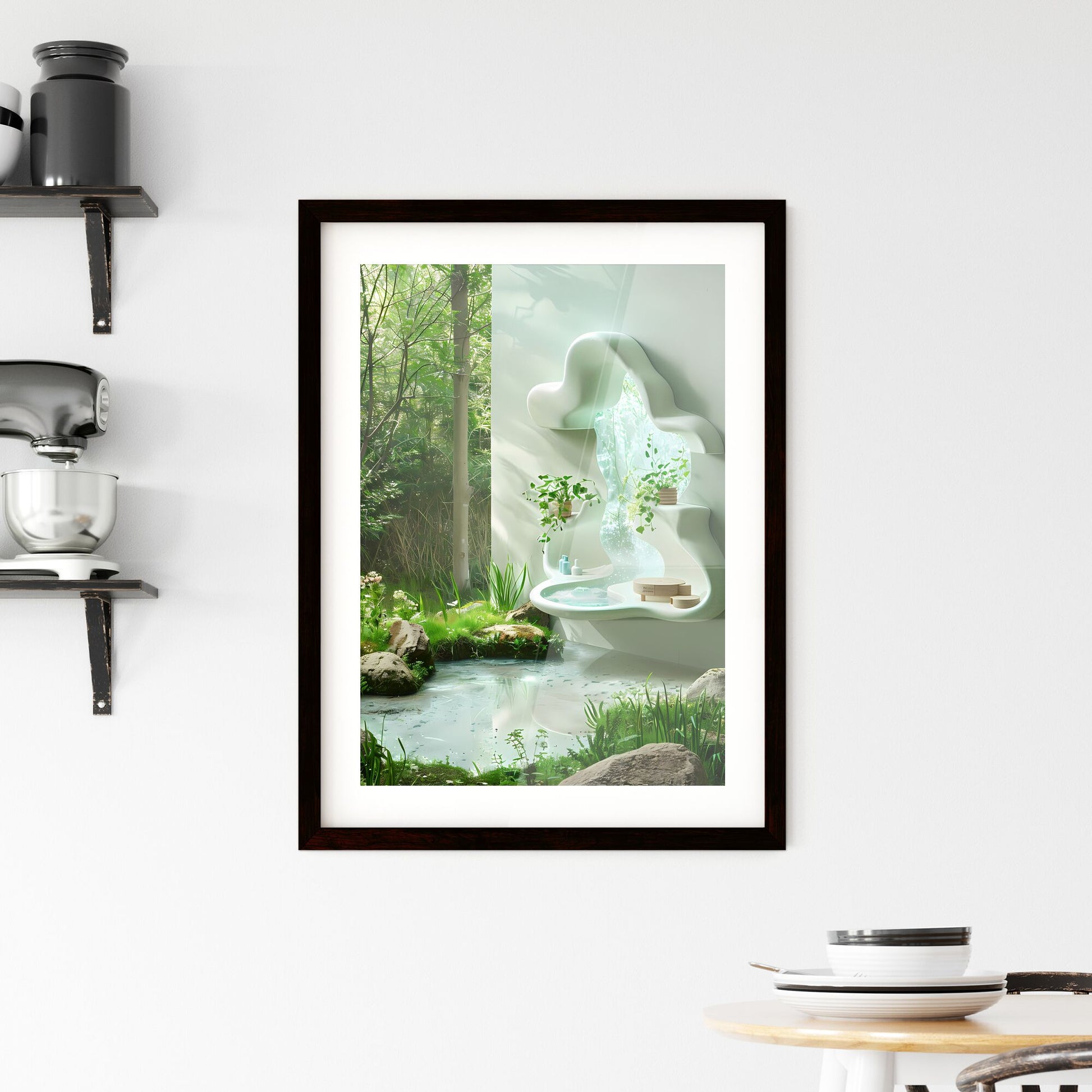 Abstract White Cloud-Shaped Shelf Floating in Air Above Lush Nature with Green Wall and Waterfall Pond Painting Default Title