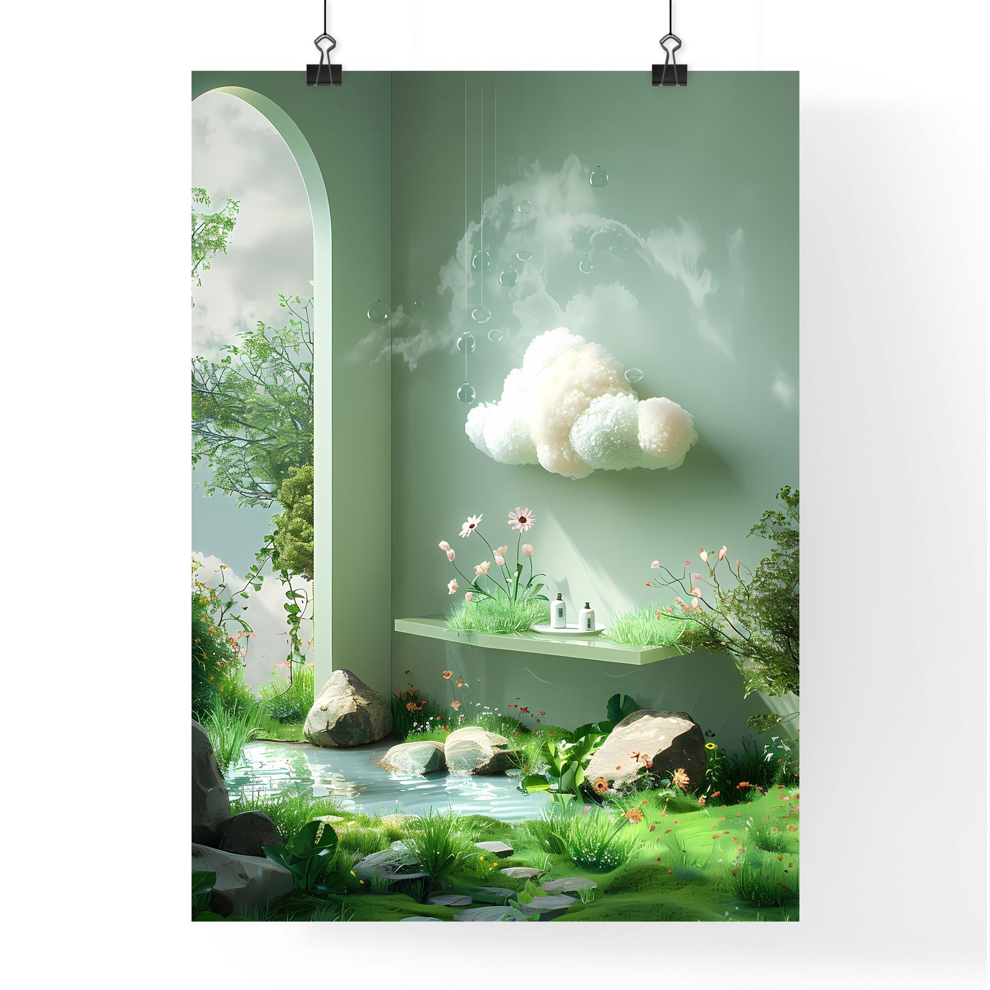 Abstract white cloud-shaped shelf floating in the air with plants, flowers, pond, window, light green wall, rocks, and water Default Title