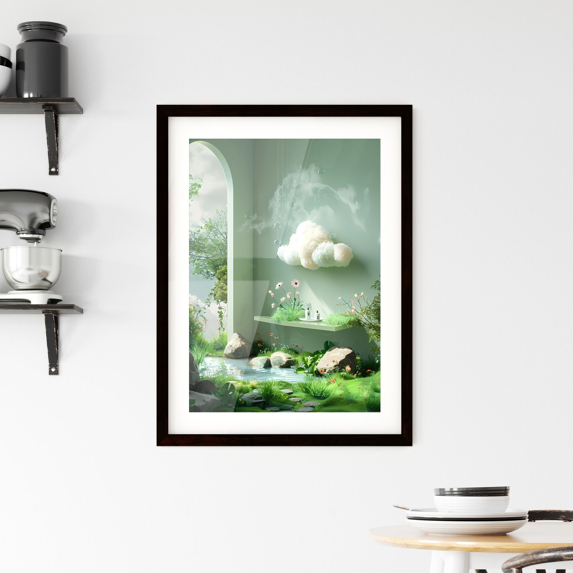 Abstract white cloud-shaped shelf floating in the air with plants, flowers, pond, window, light green wall, rocks, and water Default Title