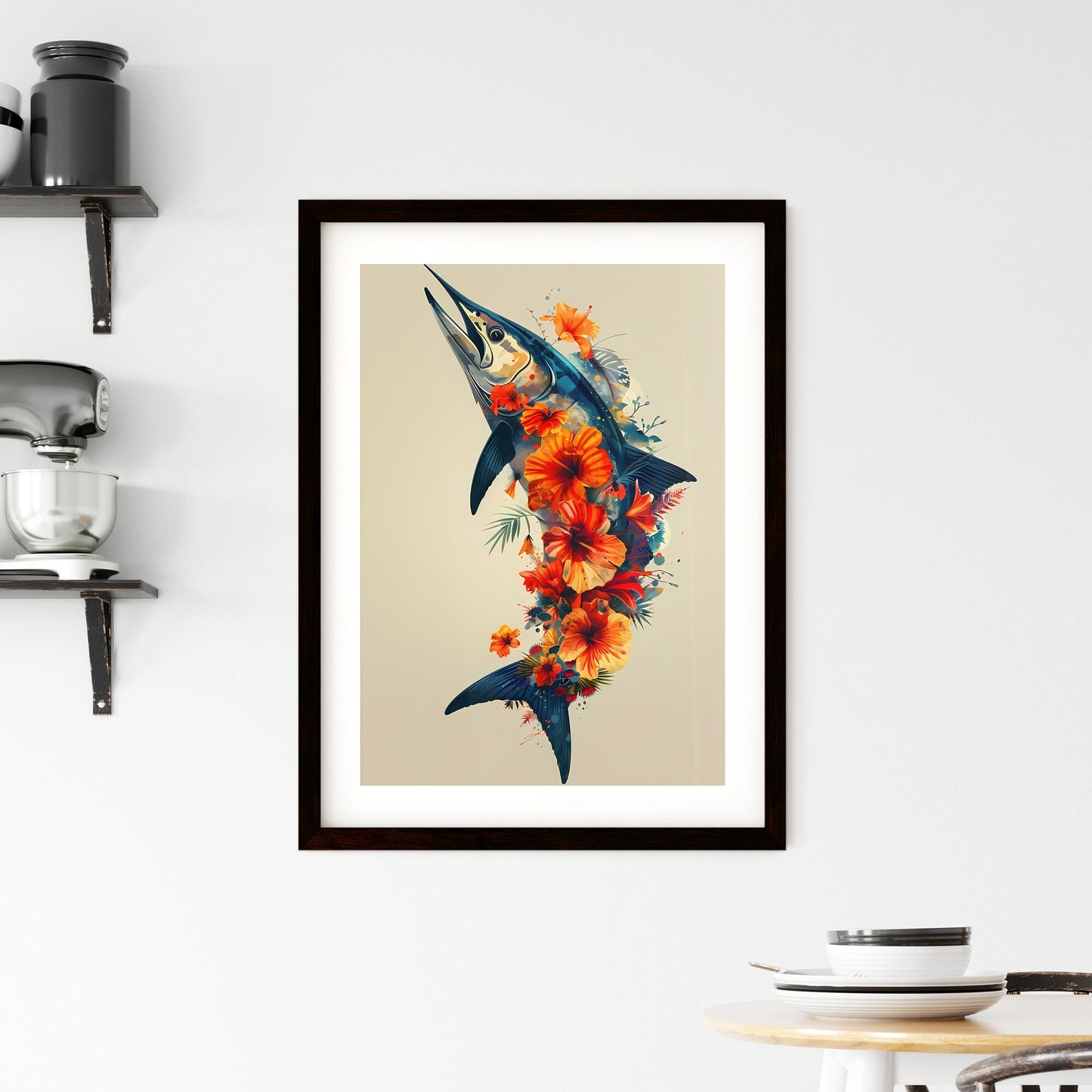 Elegant Floral Marlin Silhouette: Vibrant Art Print Adorned with Tropical Floral Patterns Default Title