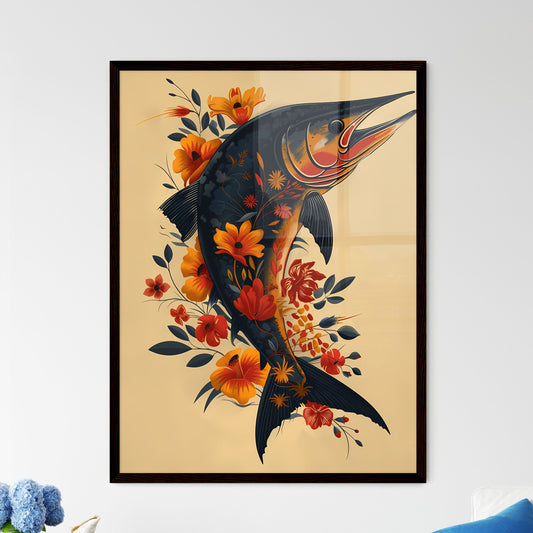 Vibrant Tropical Marlin Art Print: Elegant Silhouette with Floral Adornment in Offshore Sportsman Arch Shape Default Title