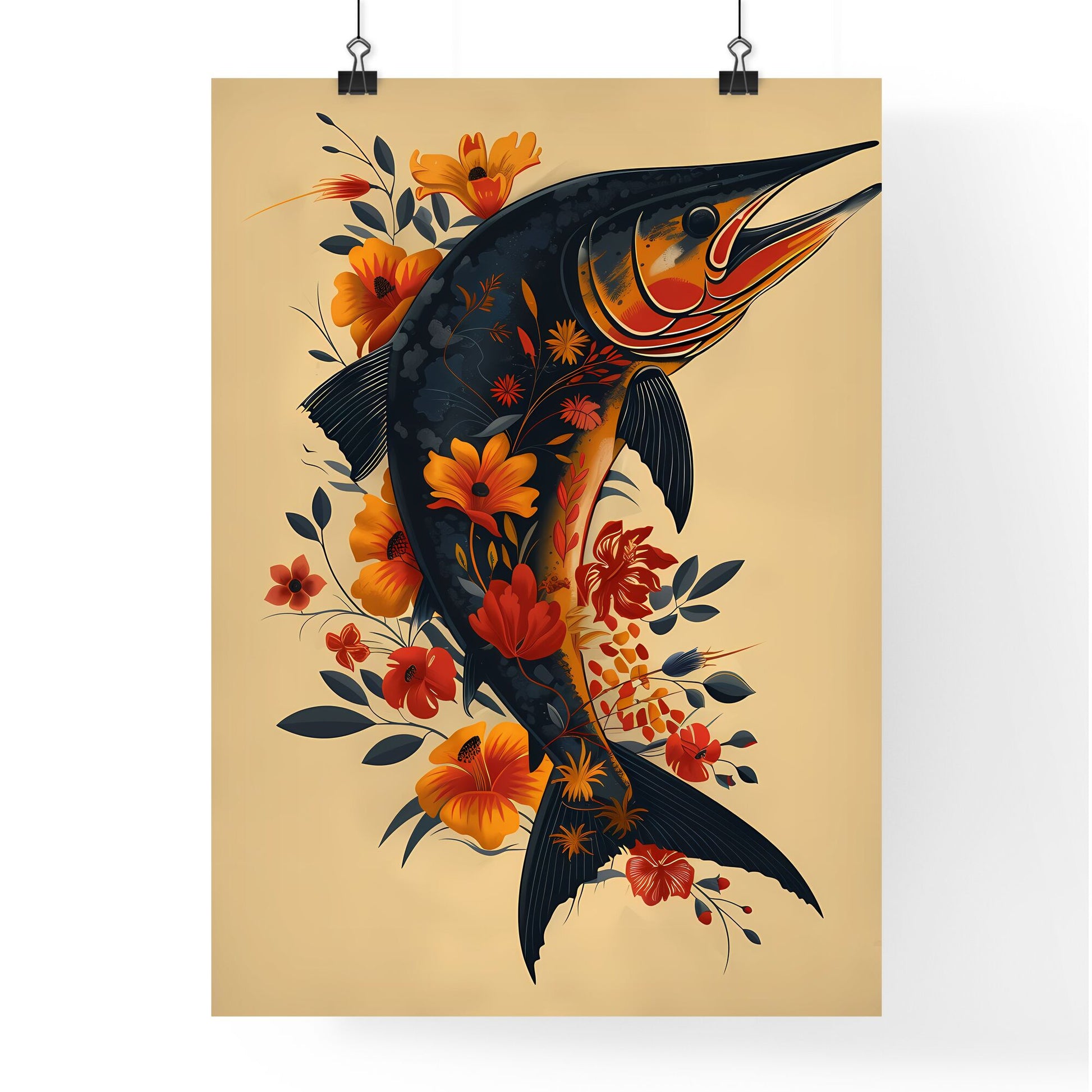 Vibrant Tropical Marlin Art Print: Elegant Silhouette with Floral Adornment in Offshore Sportsman Arch Shape Default Title