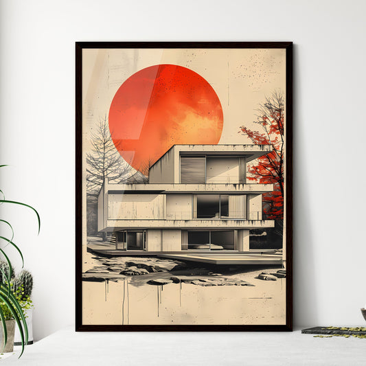 Modernist House Artwork: Sunlit Suburban Home Painting, Stalenhag-Style, Vibrant Art Deco Inspired Framed Art