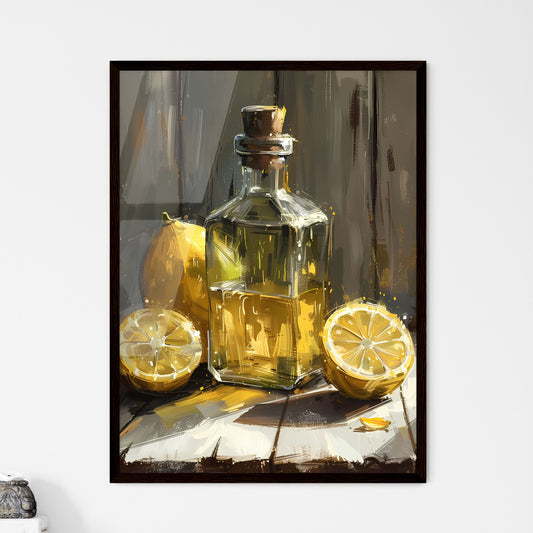 Abstract Still Life Painting: Vibrant Lemon and Emerald Bottle in Light Orange, Pink, Gray, and Cinestill 50d Default Title