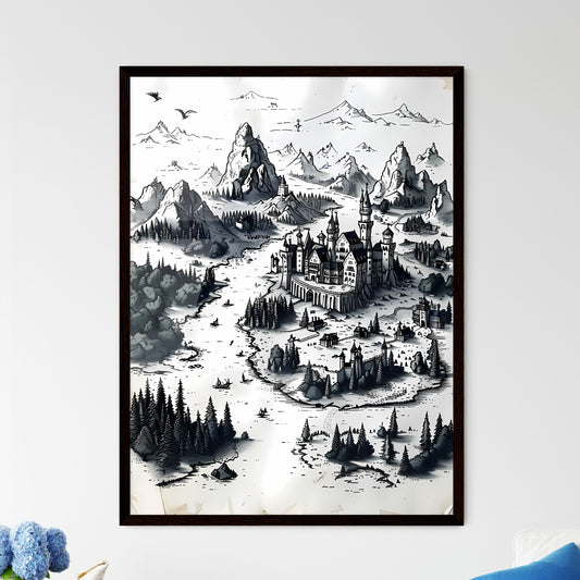 Fantasy Castle and Mountain Art: Painting of Monemvasia Town and Neuschwanstein Castle Framed Art