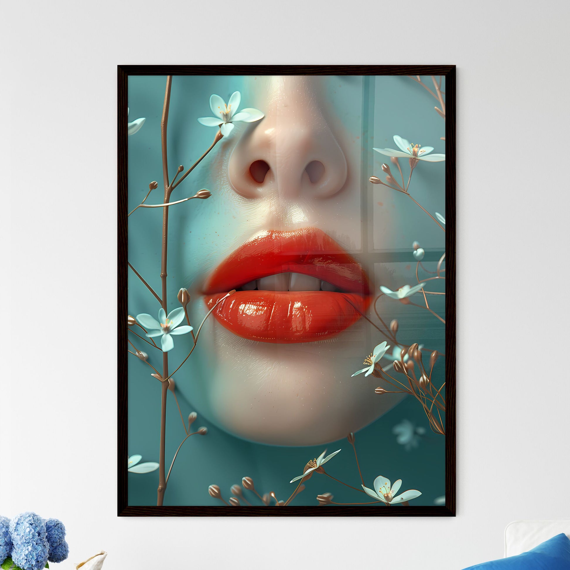 Artistic portrayal of luscious lips on blue backdrop adorned with white flowers, capturing vibrant beauty Default Title
