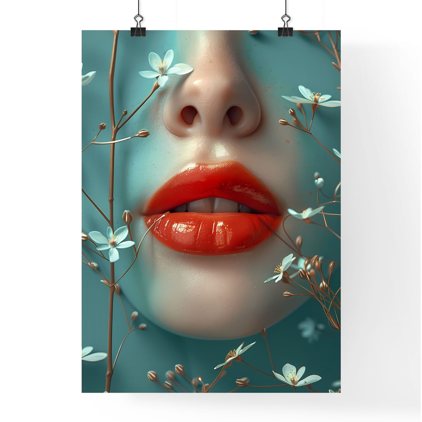 Artistic portrayal of luscious lips on blue backdrop adorned with white flowers, capturing vibrant beauty Default Title