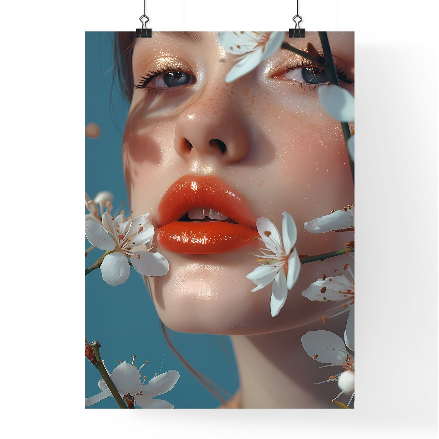 Artistic Delight: Luscious Lips of a Girl Amidst Gentle White Blooms against a Captivating Blue Backdrop Default Title