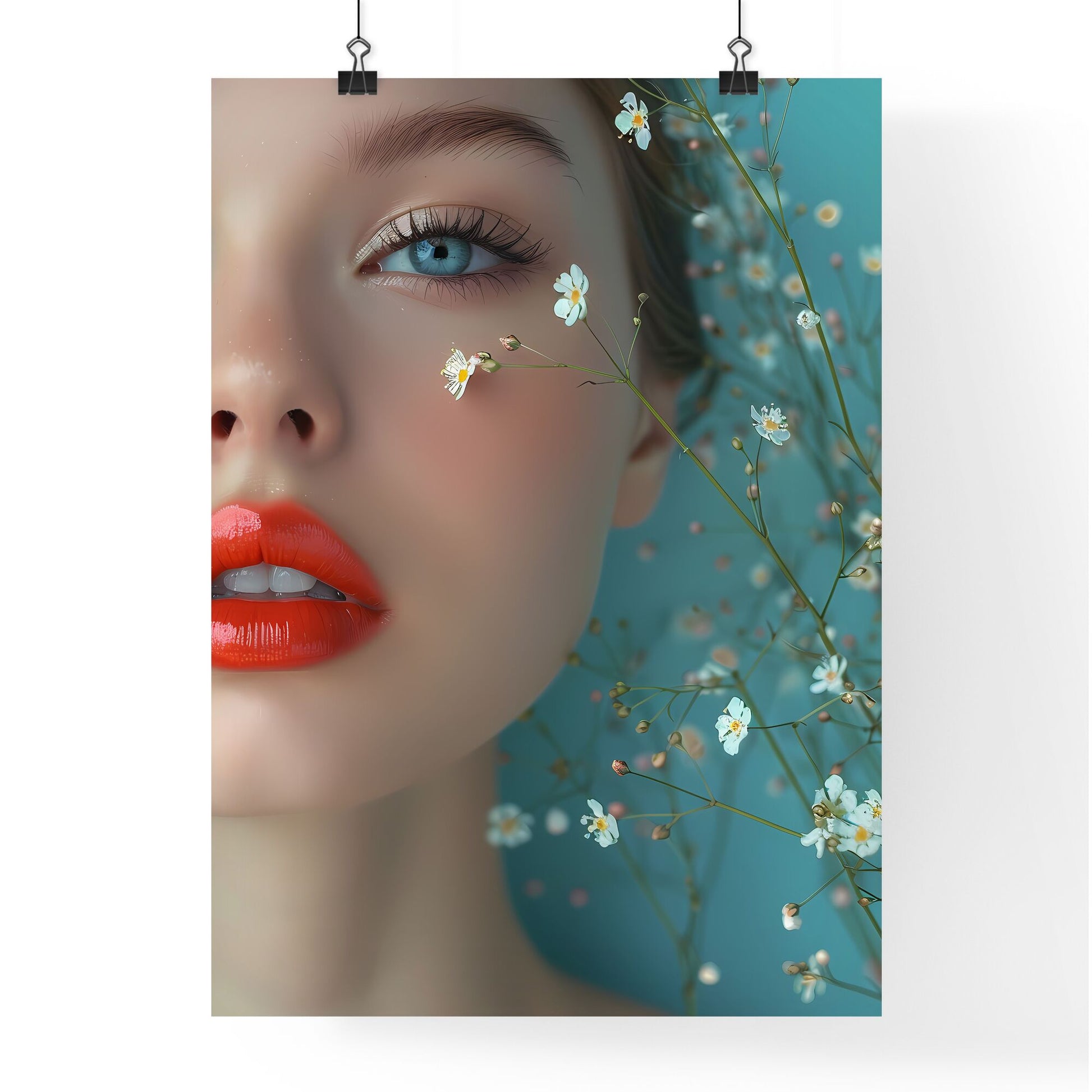 Blue flower background: Plump lips of a girl in vibrant artwork, showcasing artistic beauty. Default Title