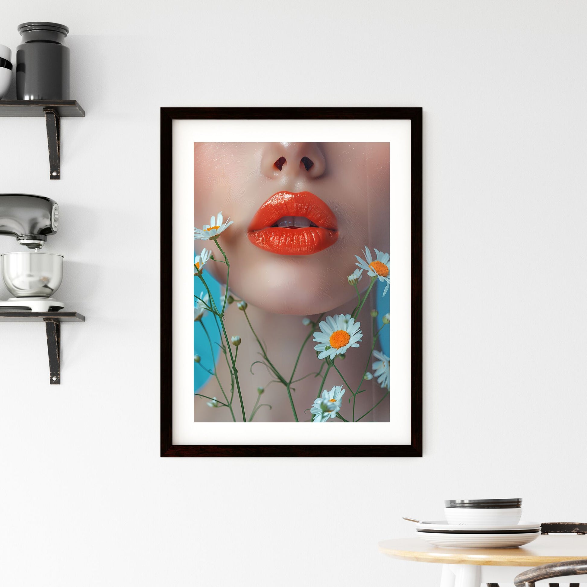Artistic Floral Beauty: Lush Lips of a Girl Against a Blue Background, Blooming with White Flowers Default Title