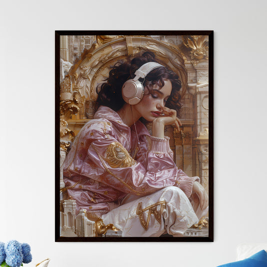 Elaborate Rococo Woman with Headphones in Ornate Gold Frame, Historical Painting, Maximalist, Dark Crimson, Light Beige, Portrait, Detailed Costume Framed Art