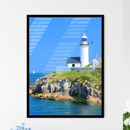 Lighthouse, rocky coast, Loutre island, France, Guernsey, bretagne, blue sky, white building, photo realistic, wide angle, high resolution, art Framed Art