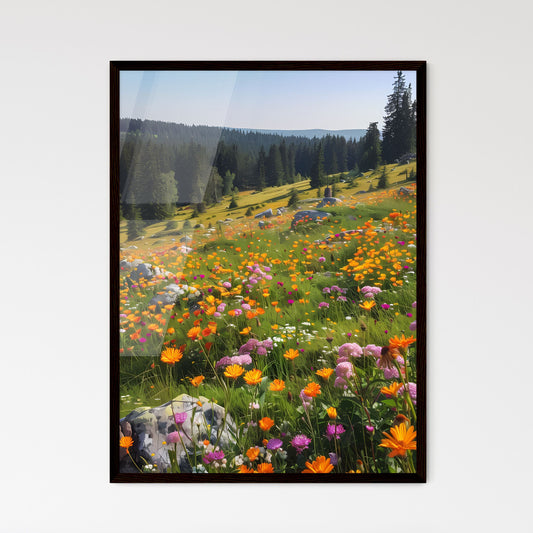 Vibrant Floral Meadow with Distant Forest - Framed Art Print