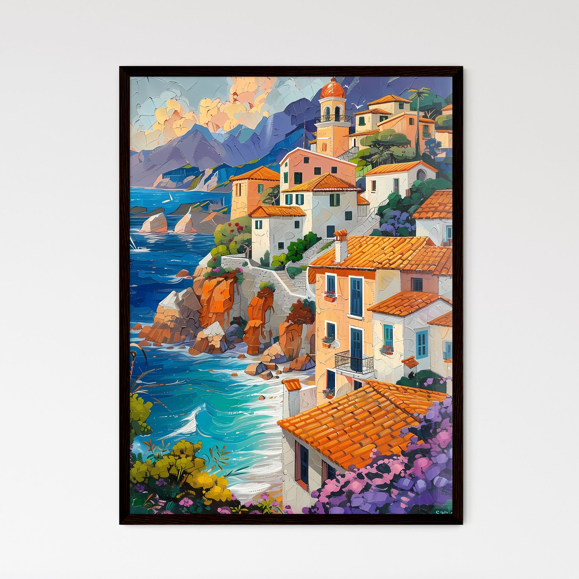 Vibrant Mediterranean Seascape Painting in Pointillism: Shimmering Waves and Picturesque Cliffside Town Framed Art