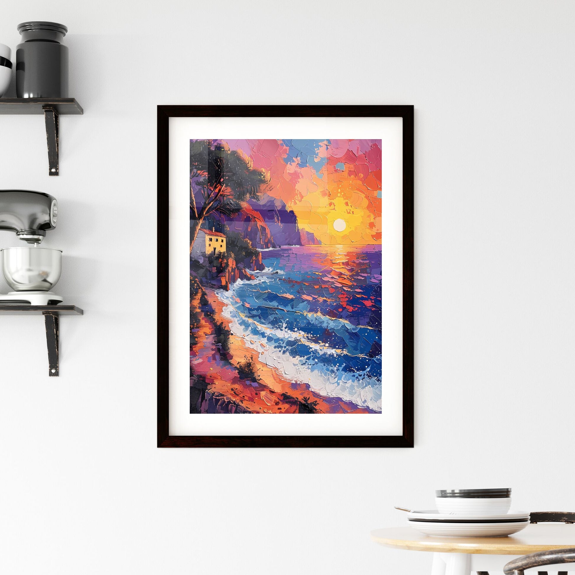 Mediterranean Seascape Pointillism Illustration: Shimmering Waves, Vibrant Beach House Default Title