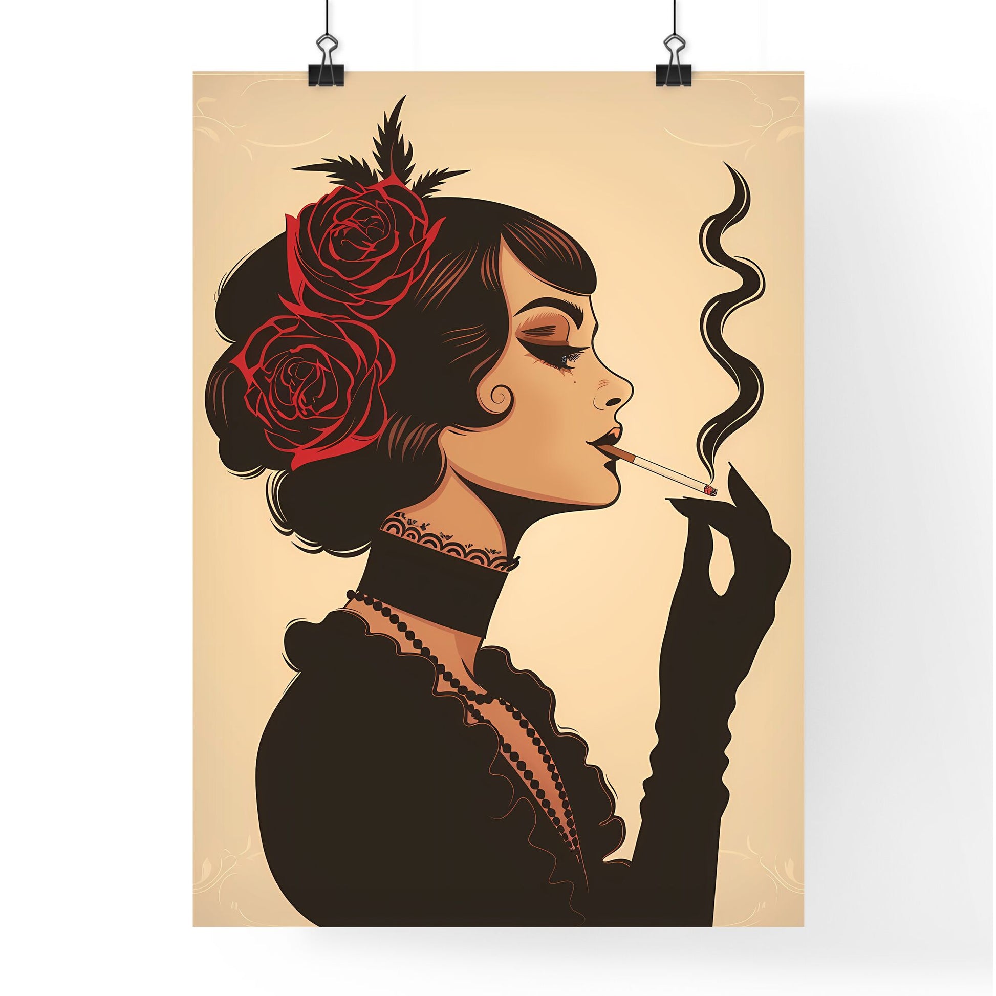 Elegant 1920s Woman Smoking Cigarette in Minimalist Cartoon, Exude Glamour and Artistry on a Vibrant White Background Default Title