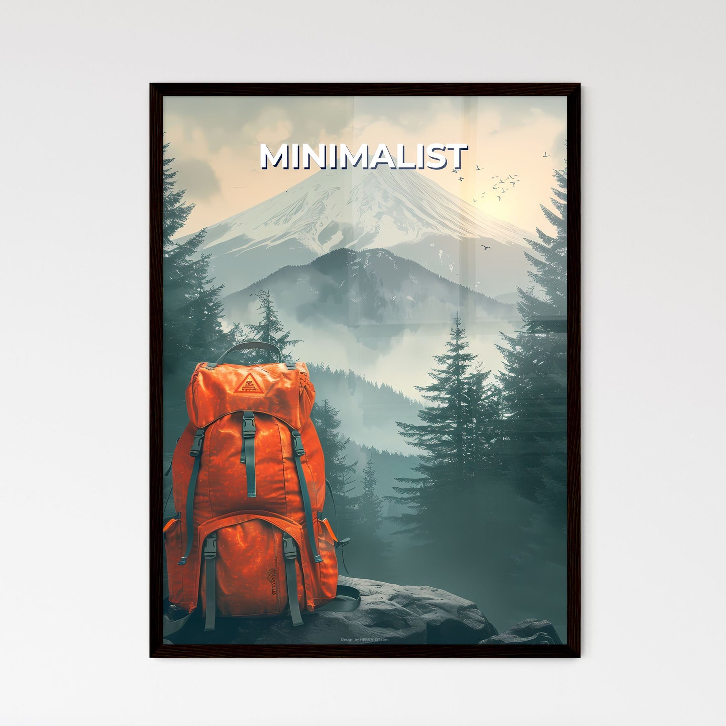 Minimalistic Travel Painting: Backpack on a Rock Overlooking Vibrant Mountains with Ample Copy Space for Creative Storytelling