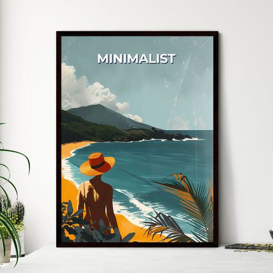 Vibrant Minimalistic Travel Artwork: Woman in Swimsuit on Beach with Ample Copy Space