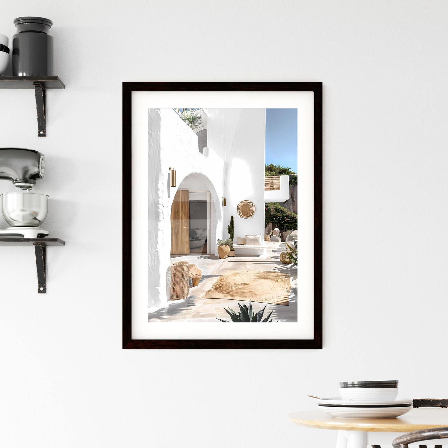 Modern Mediterranean villa with white walls, light wood accents, and coastal landscape featuring art and vibrant colors, Australia. Default Title