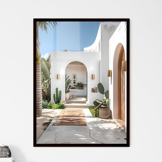 Modern Mediterranean-style villa with white walls, light wood accents, wooden outdoor rug, gold wall sconce, cacti, lush green landscape Default Title