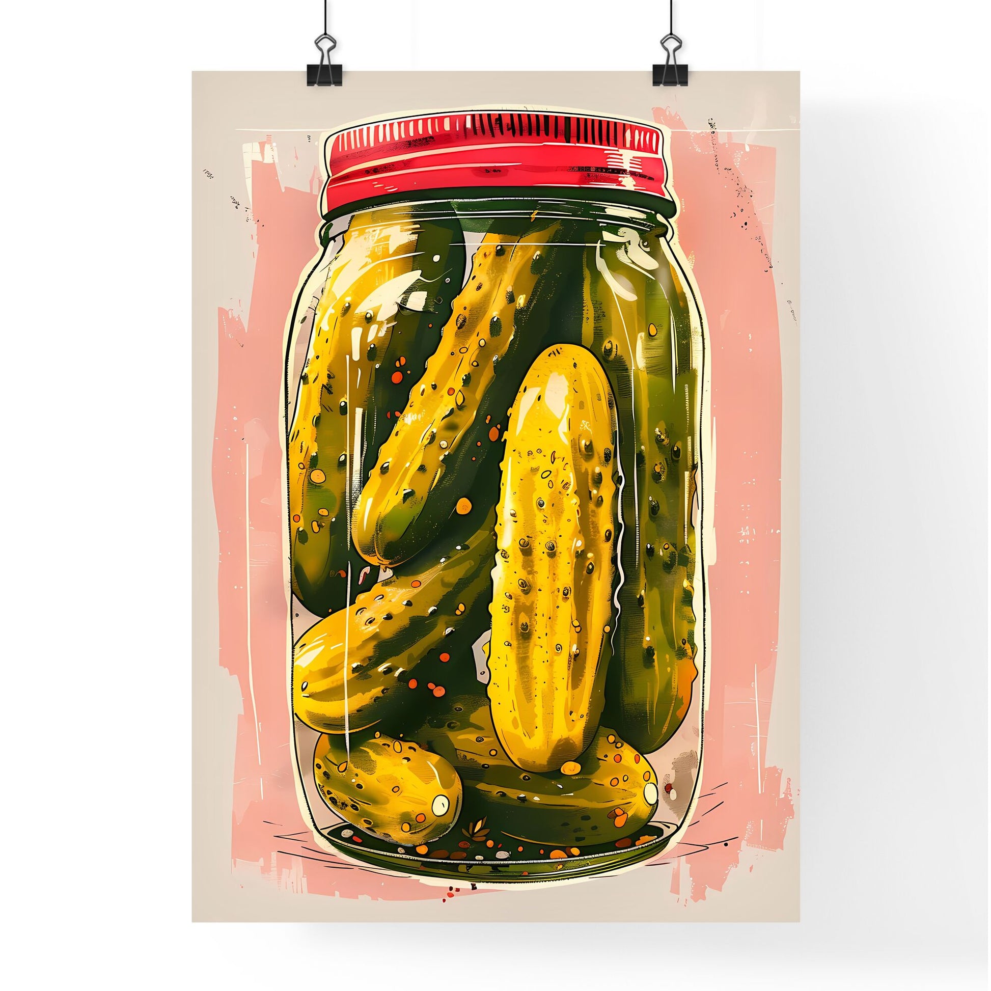 Vibrant Pink Digital Painting of Jar of Pickles on White Background - Contemporary Food Art Default Title