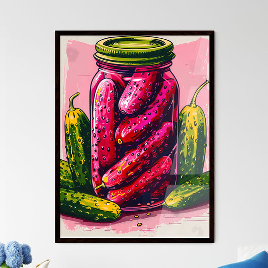 Vibrant Artistic Pink Poster of Pickles and Cucumbers in a Jar, White Background Default Title