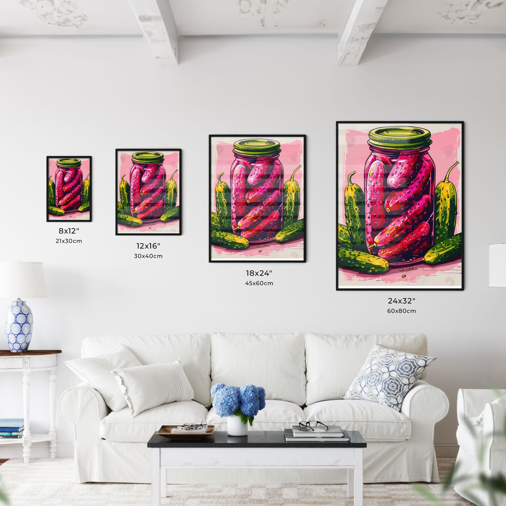 Vibrant Artistic Pink Poster of Pickles and Cucumbers in a Jar, White Background Default Title