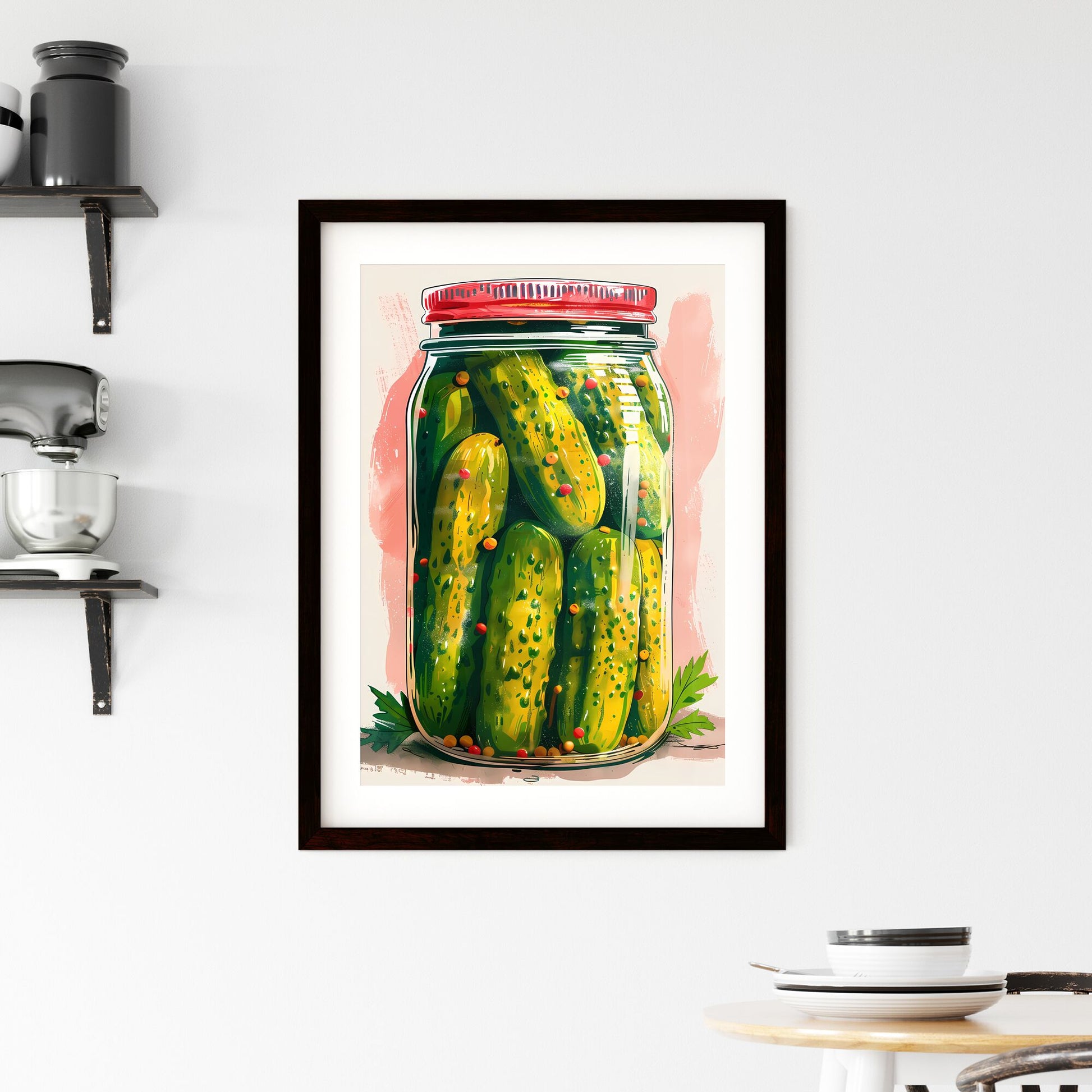 Abstract art painting of pickles in a glass jar, pink background, vibrant colors, focus on art Default Title