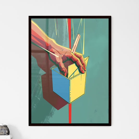 Animated cubist political propaganda poster of a hand holding a box, color-blocked shapes, blown-off-roof perspective Default Title