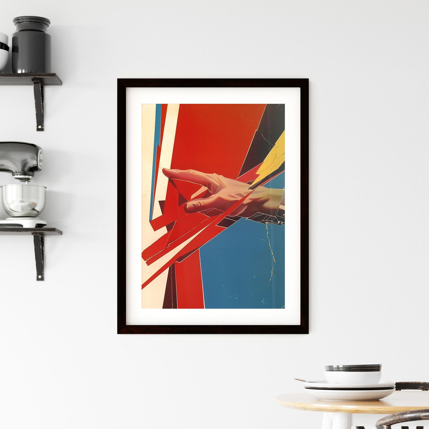 Cubist Political Poster: Animated Hand Opens Paper, Blown-Off-Roof Perspective, Color-Blocked Shapes, Soviet Labor Depictions, Rubber Hand, Vibrant Painting Art Default Title