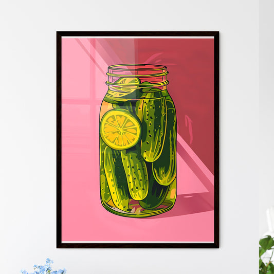 Vibrant Color Woodcut Print: Pickles and Lemons in a Jar on Pink Default Title