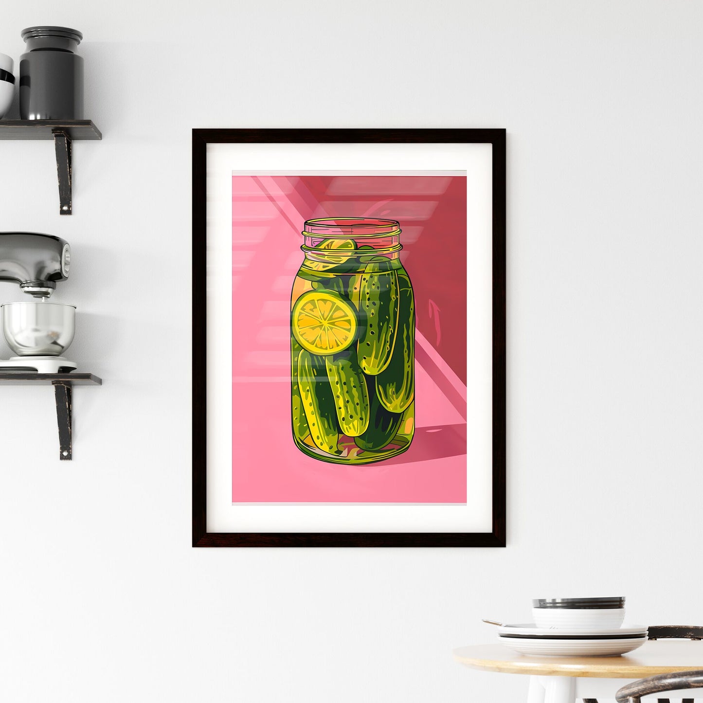 Vibrant Color Woodcut Print: Pickles and Lemons in a Jar on Pink Default Title