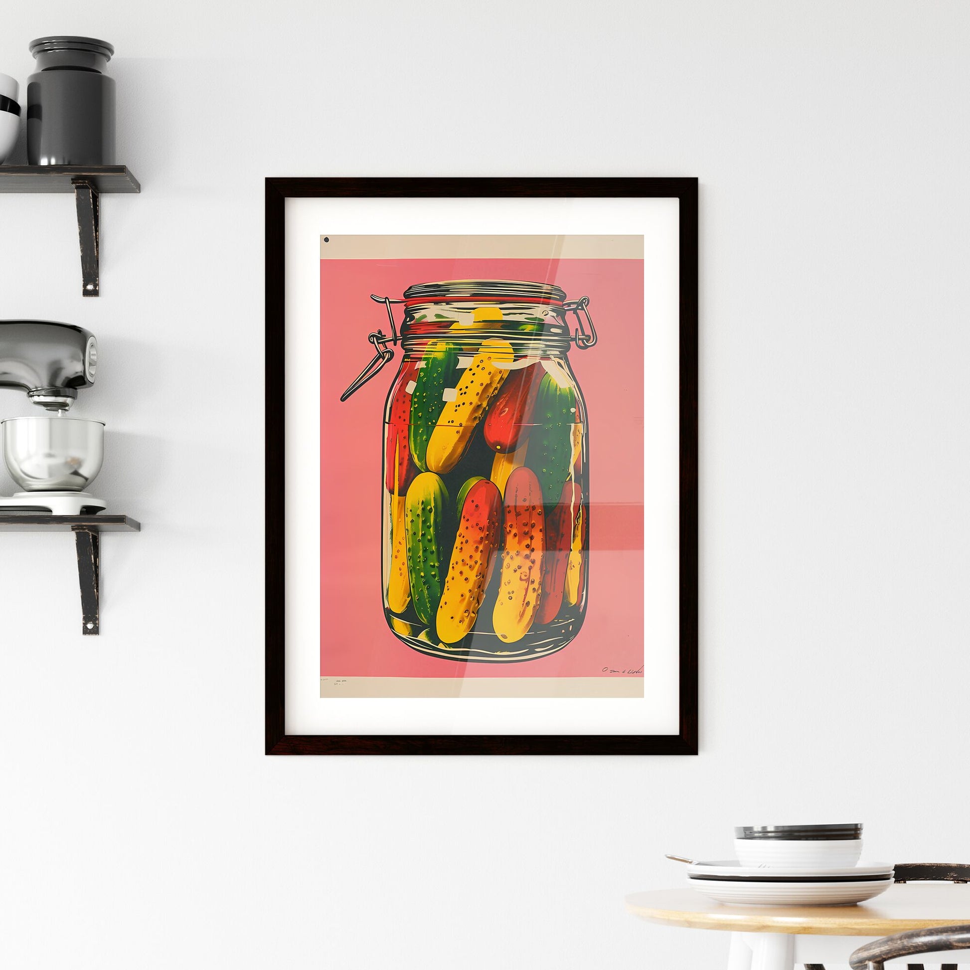 Colorful Woodcut Poster of Pickles in Glass Jar on Pink, Simple Playful Composition, High-Resolution Still Life Art Print Default Title